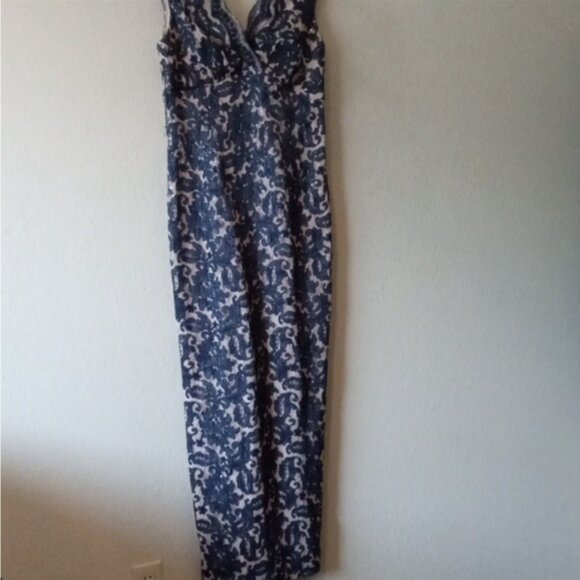 Marina Sleeveless Lace and Sequin Wrap Bodice Gown in Navy/Nude - Picture 12 of 16